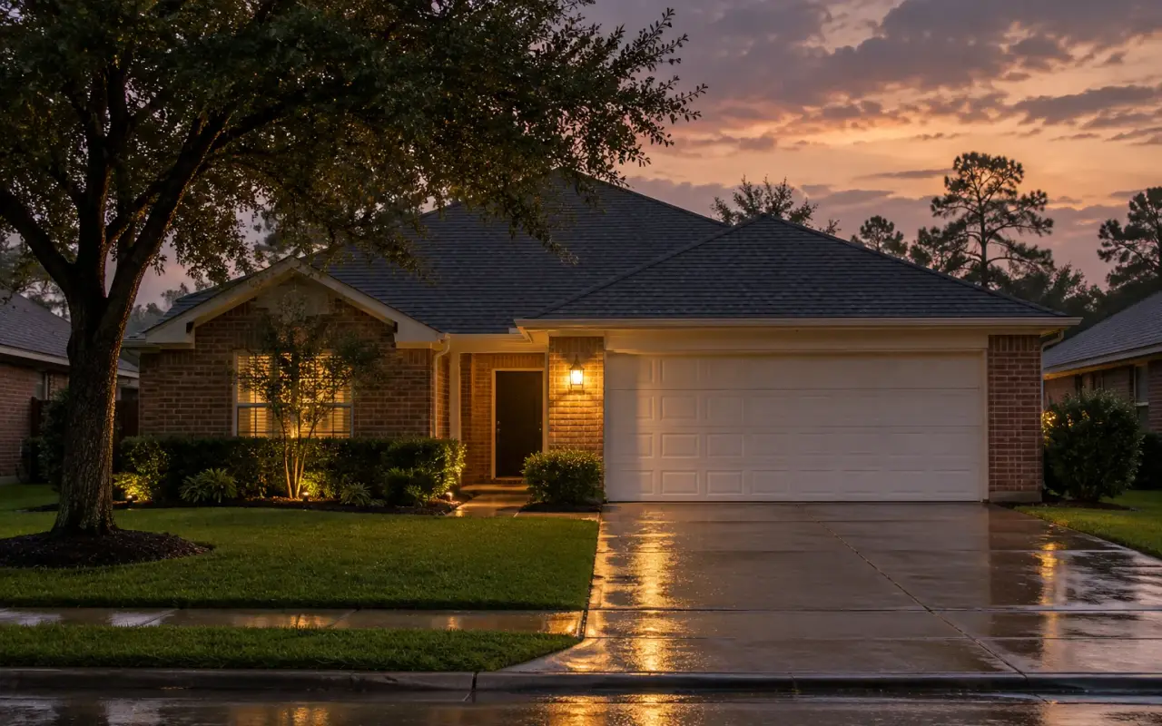 A closed garage door on a brick ranch house at dusk after rain