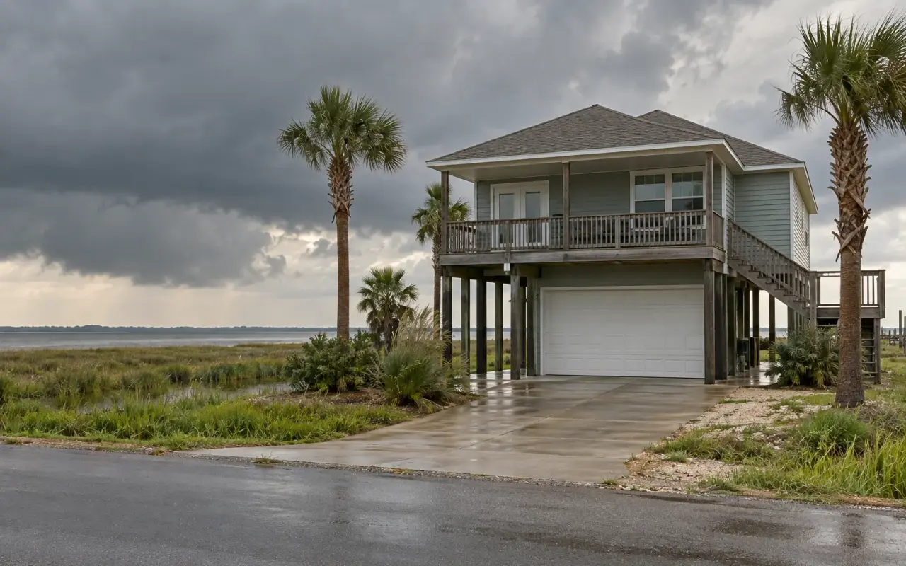 A raised coastal house with a steel garage door on the ground level