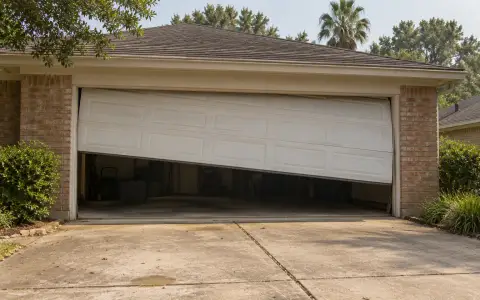 A garage door on a brick house stopped halfway and hanging crooked
