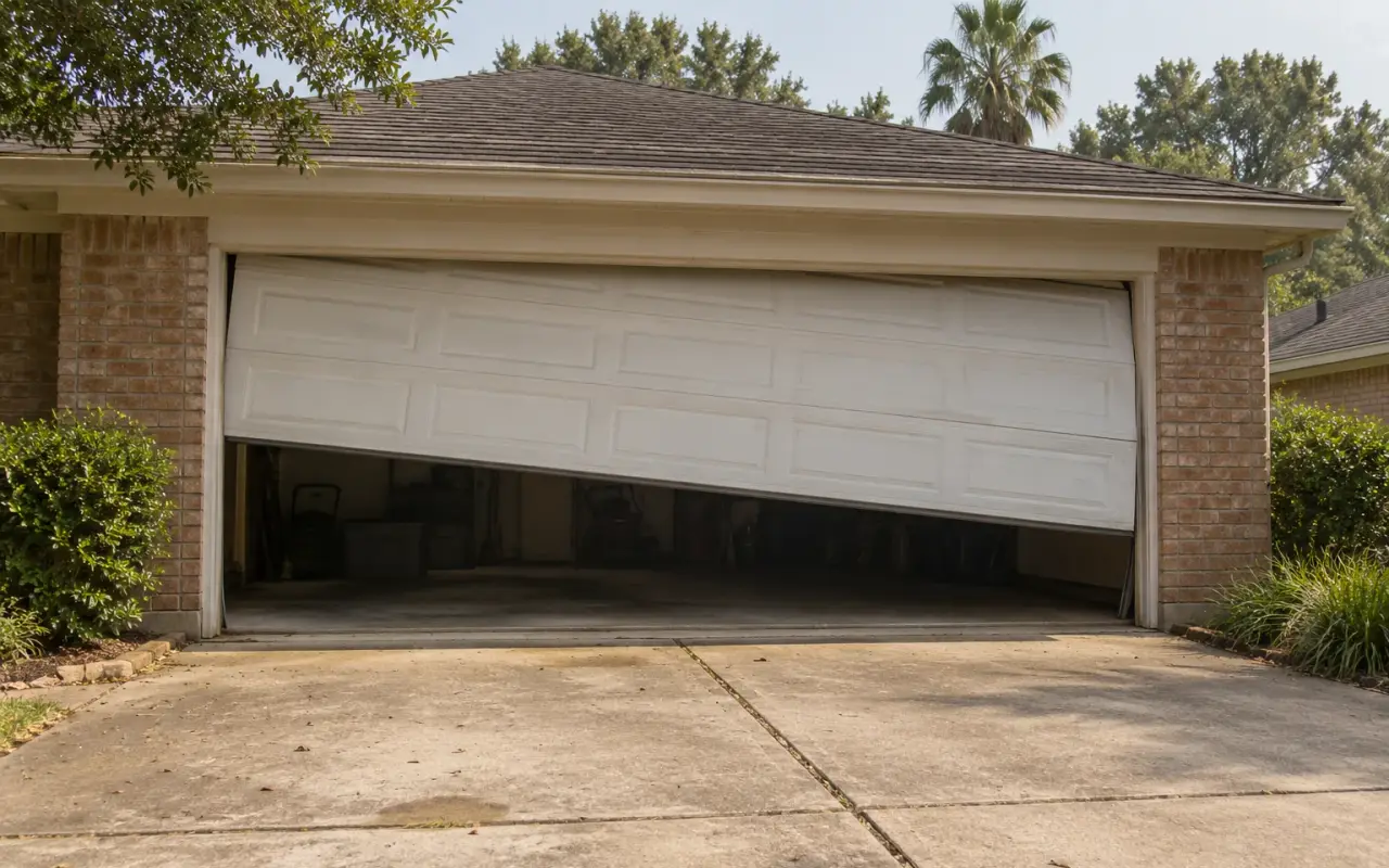 A garage door on a brick house stopped halfway and hanging crooked