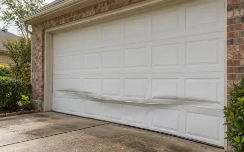 The lower panels of a garage door bowed inward at bumper height