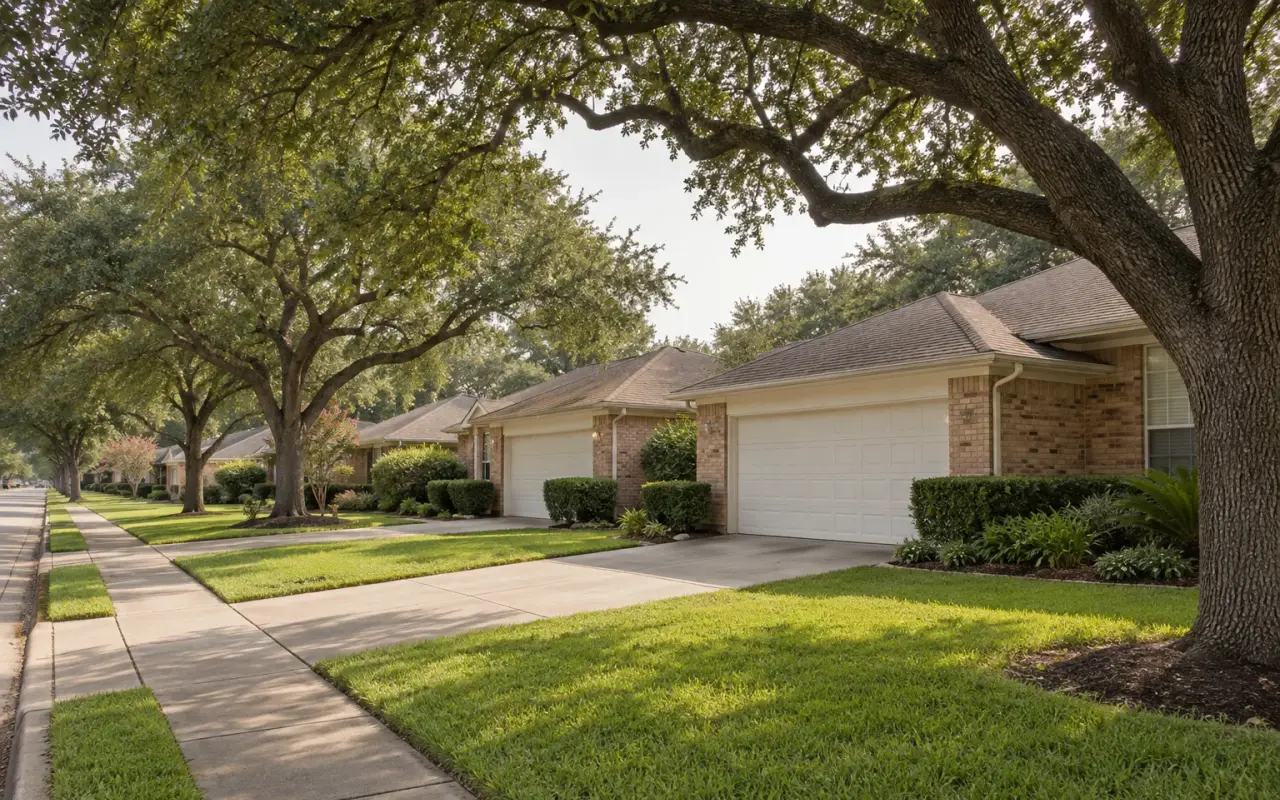 A street of one-story brick ranch houses with attached garages and white garage doors