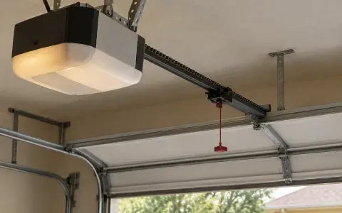 A ceiling-mounted garage door opener with its rail and release cord
