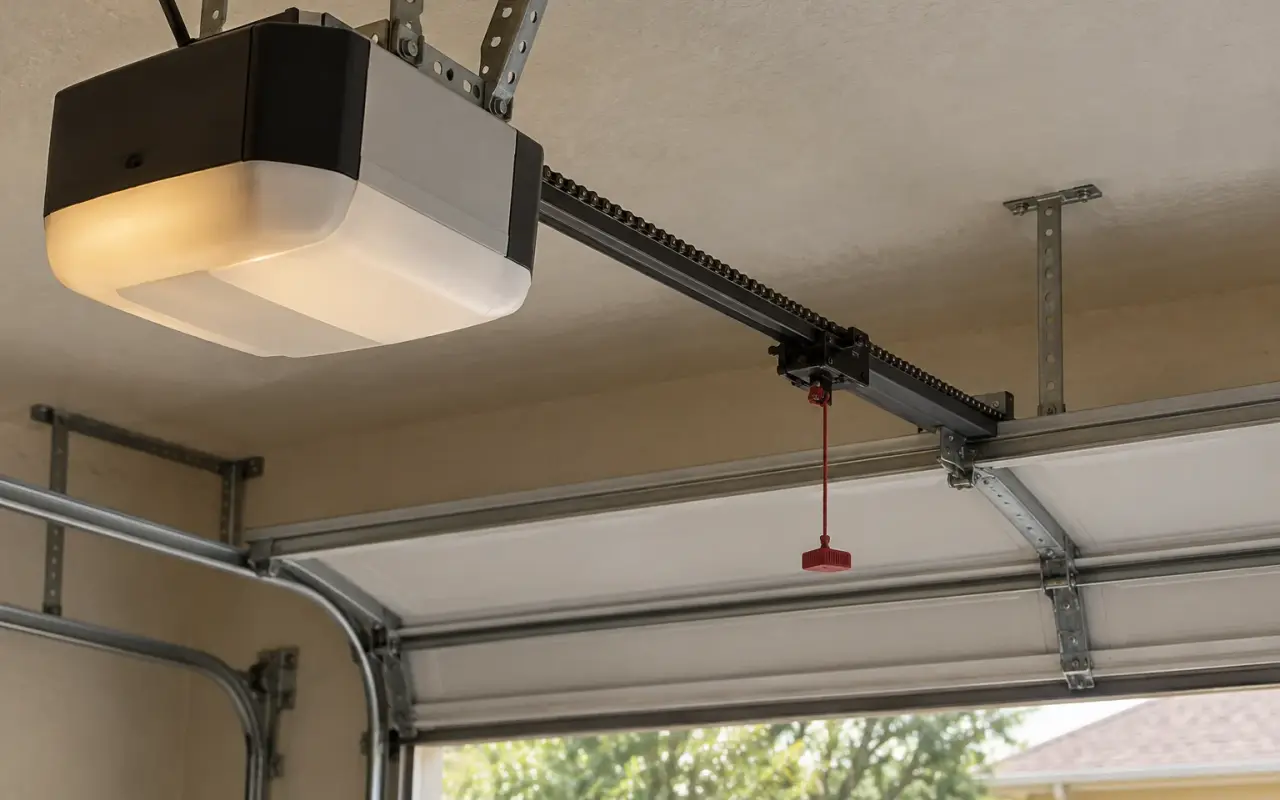 A ceiling-mounted garage door opener with its rail and release cord