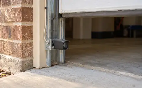 A garage door safety sensor on its bracket a few inches above the driveway