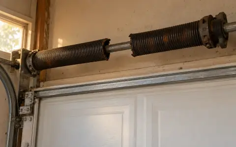 A torsion spring above a garage door, snapped with a gap between the broken ends