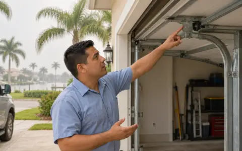 A garage door technician on a driveway pointing at the door hardware