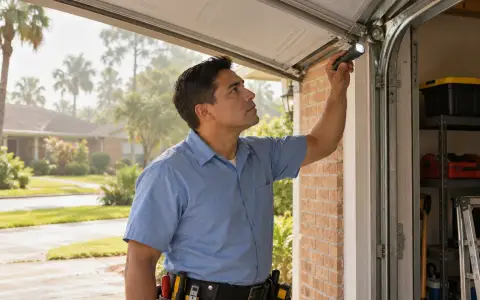 A garage door technician inspecting the door track with a flashlight